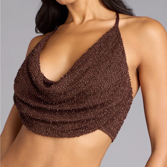 Windsor Tops - Brown Beaded Cowl Halter Crop Top, Adjustable Straps, Sz M Windsor NWT Y2K Bratz
